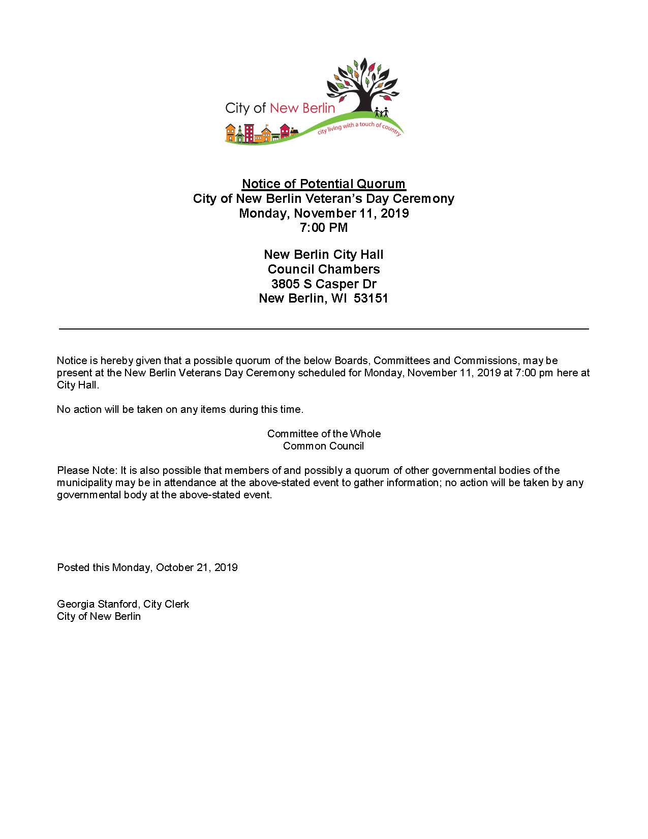 Potential Quorum Notice Veterans Day 11.11.19