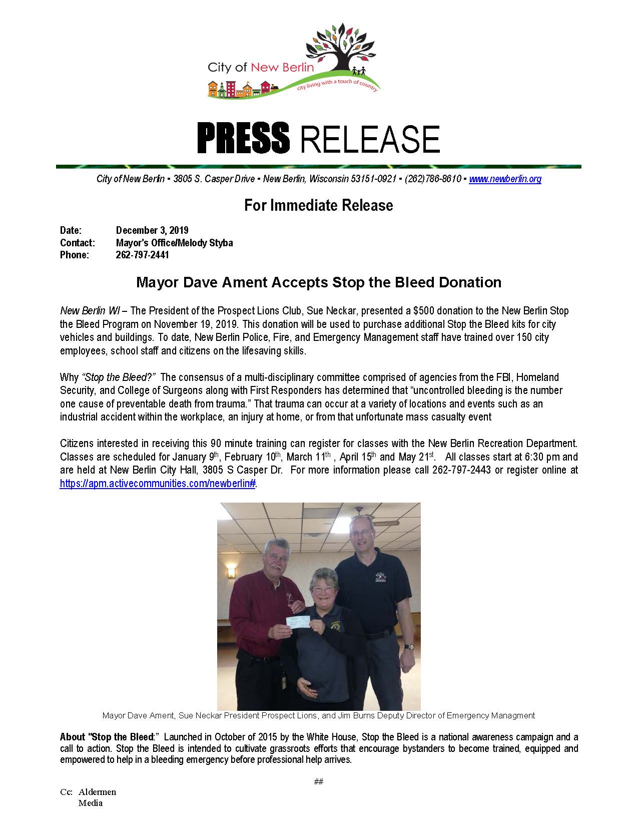 Press Release - Stop the Bleed Prospect Lions