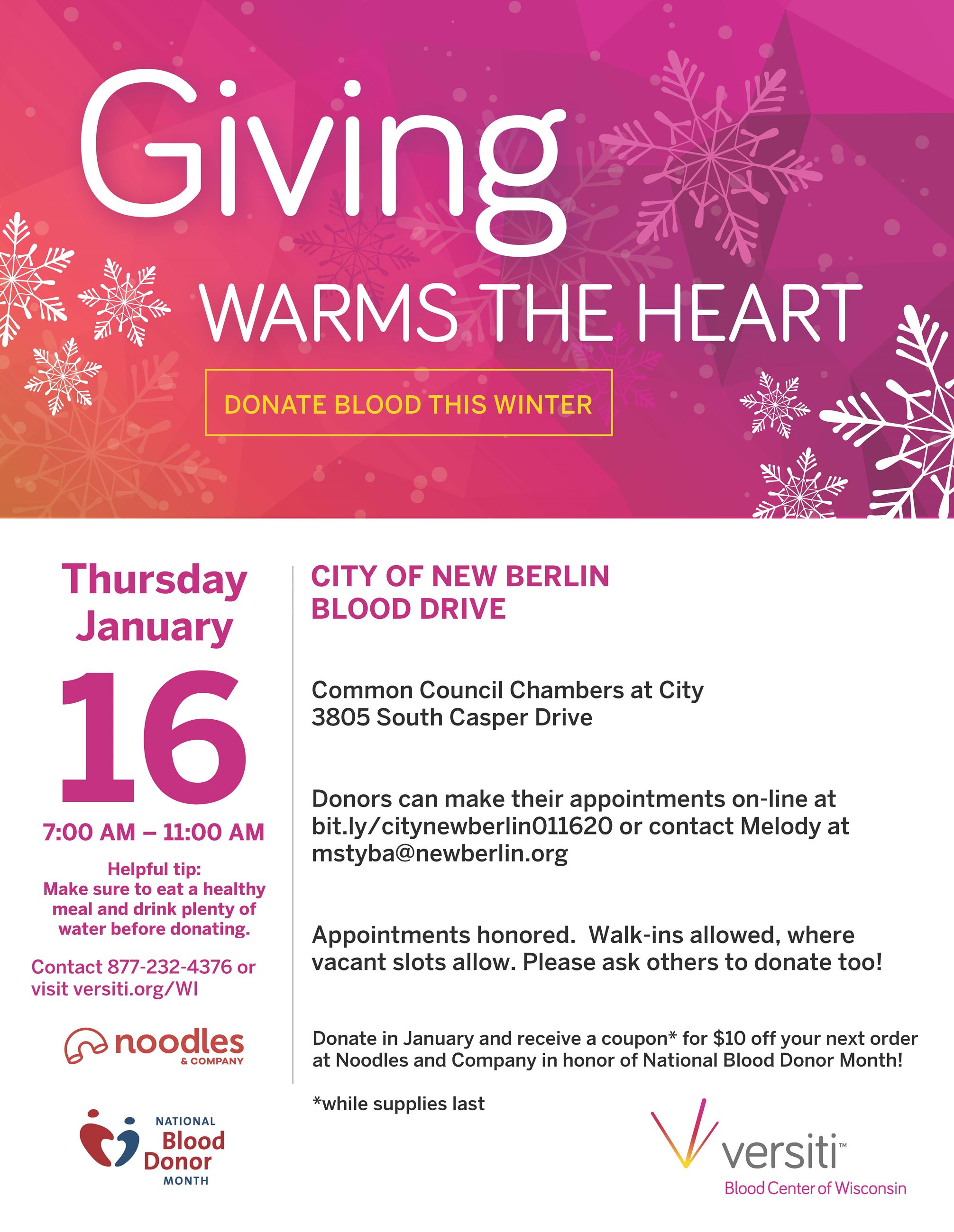 City of New Berlin January 2020 Blood Drive digital flyer