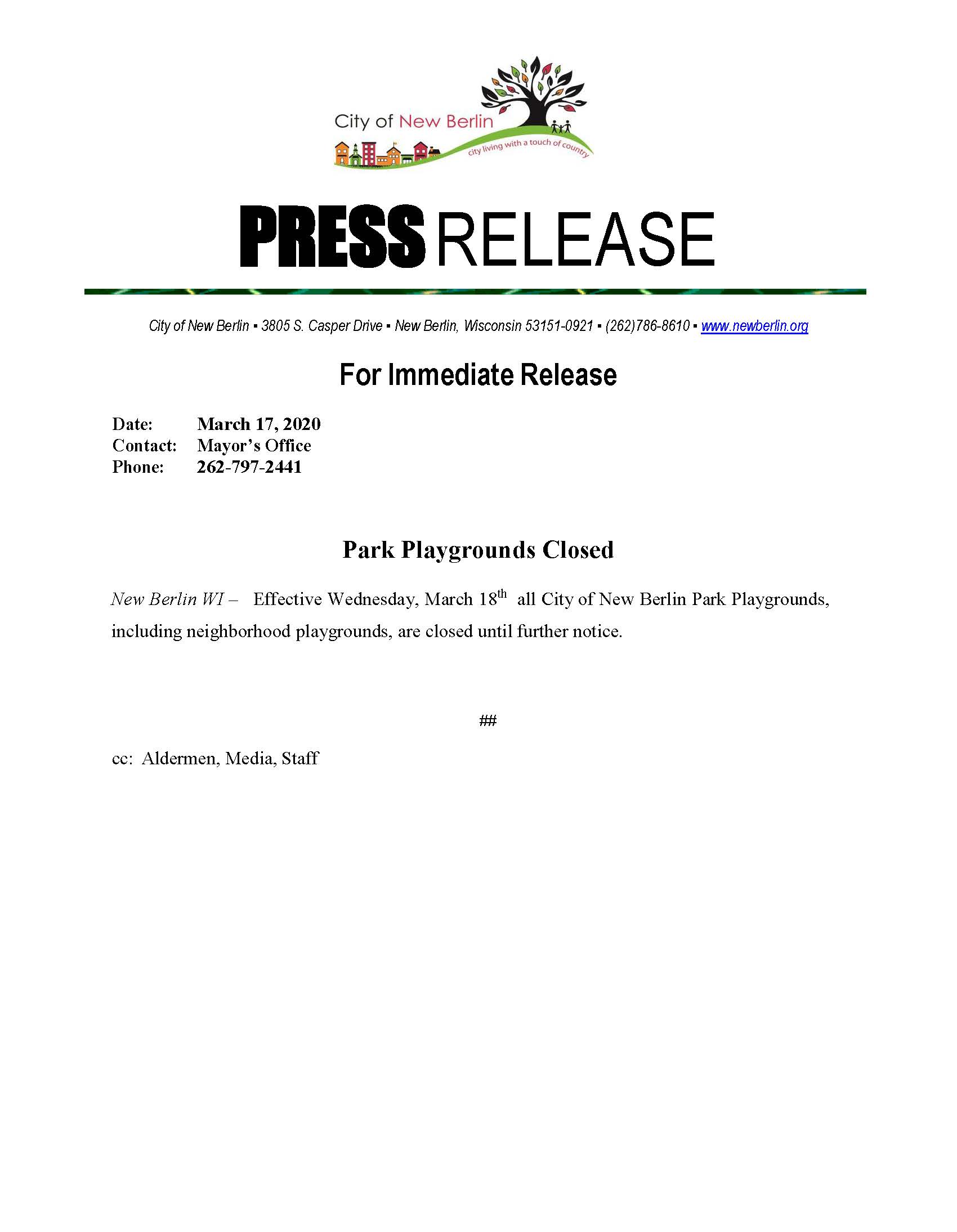 Press Release - Park Playgrounds Closed