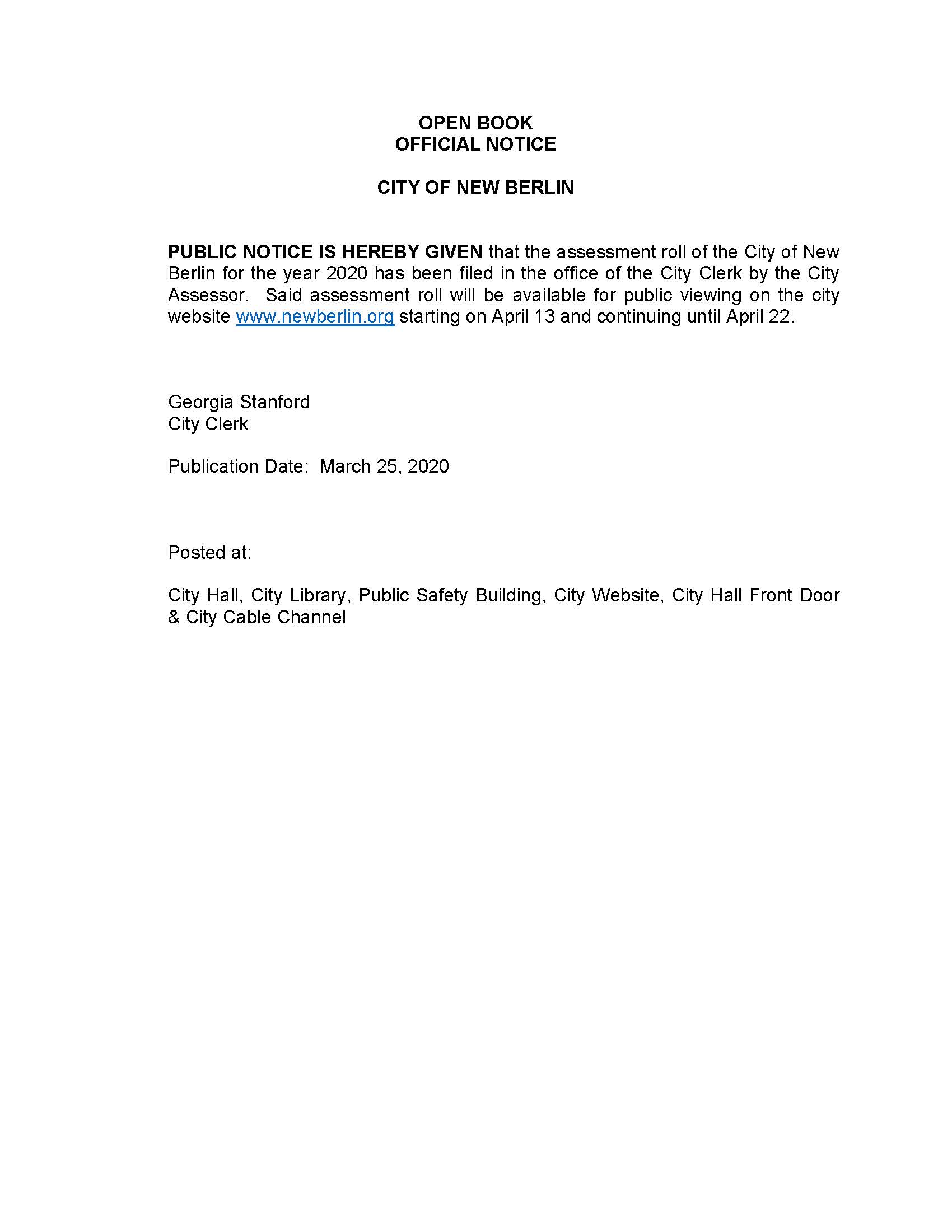 Official Notice of Open Book 2020