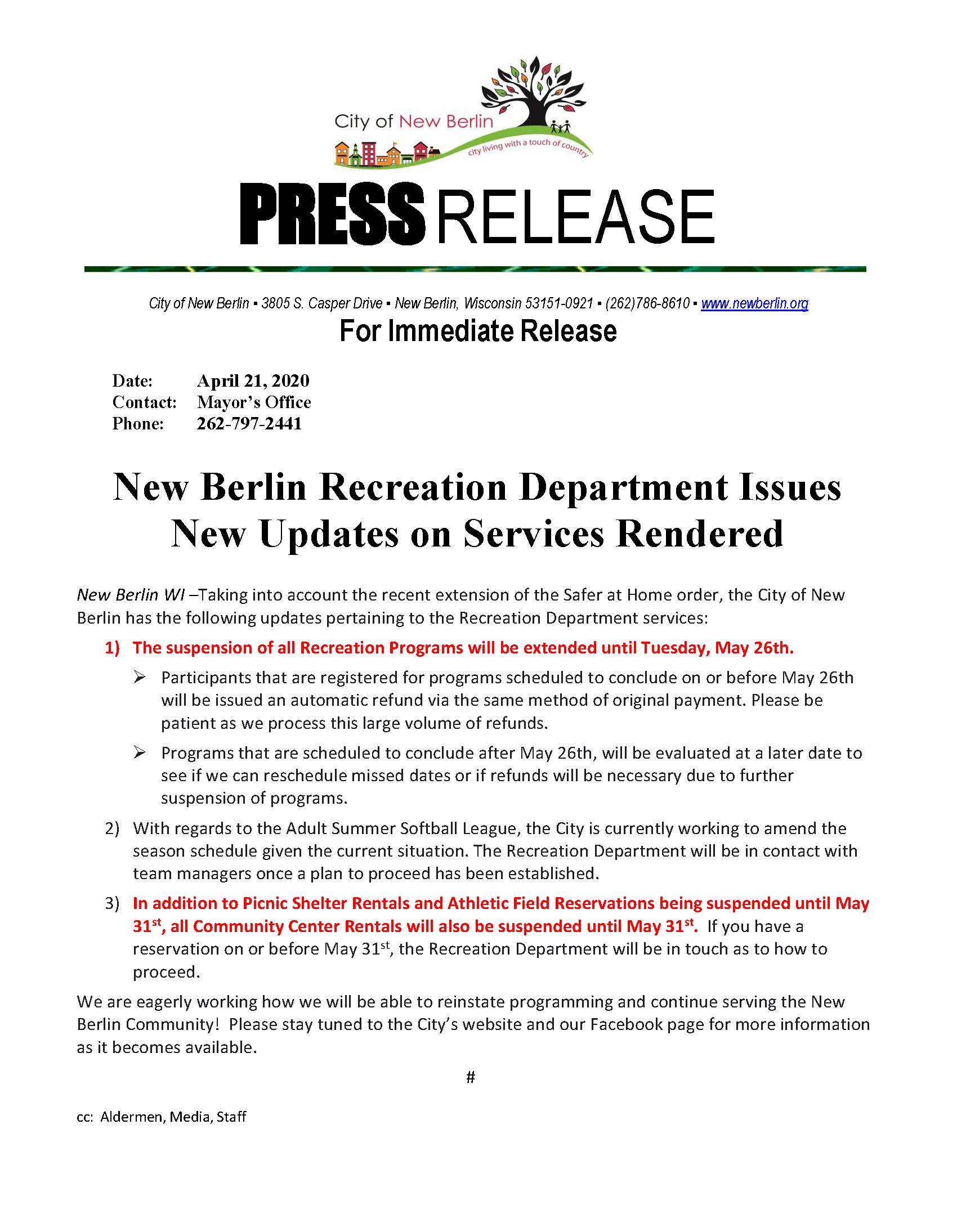 Press Release - Rec Programs  Rentals