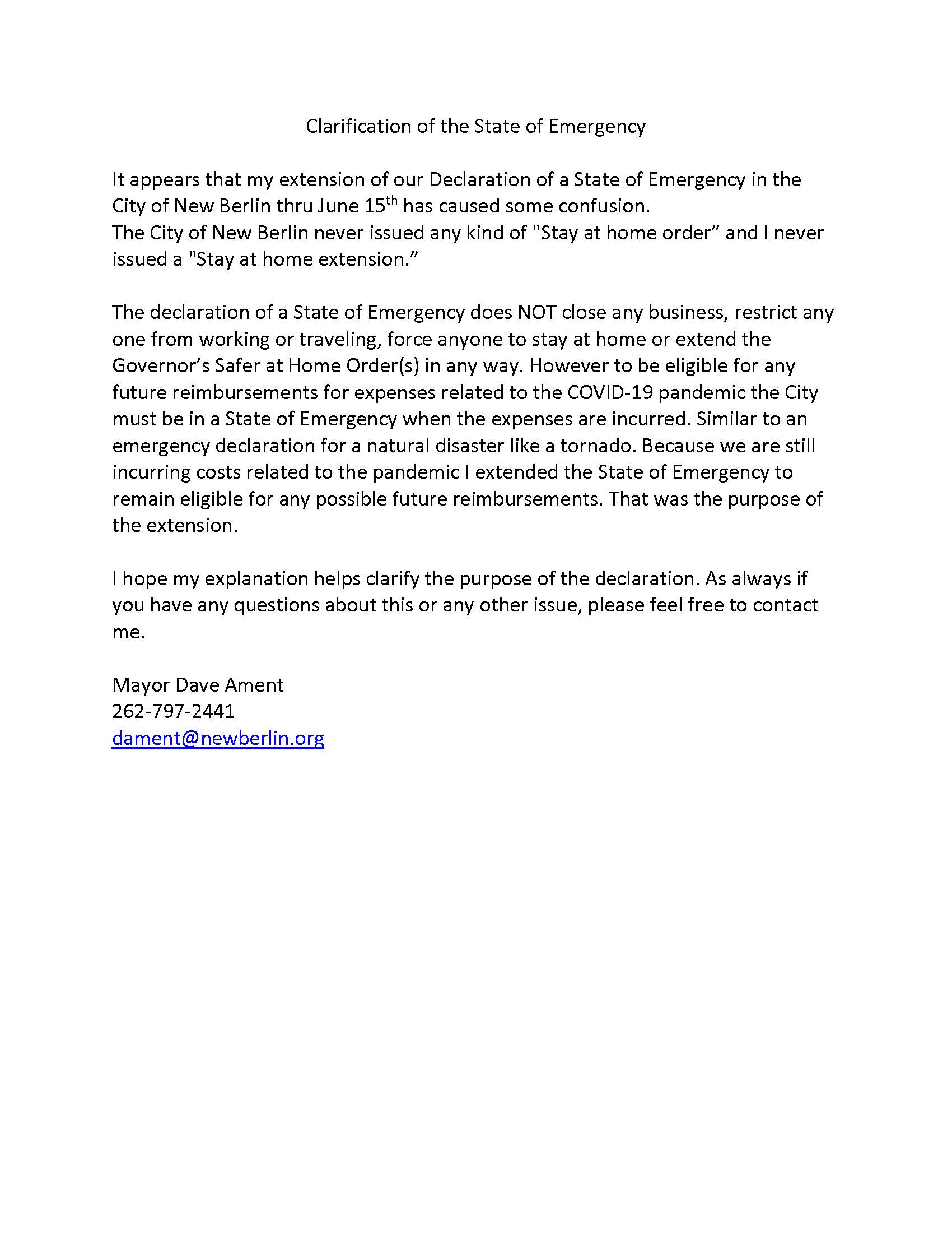 Declaration of State of Emergency Statement