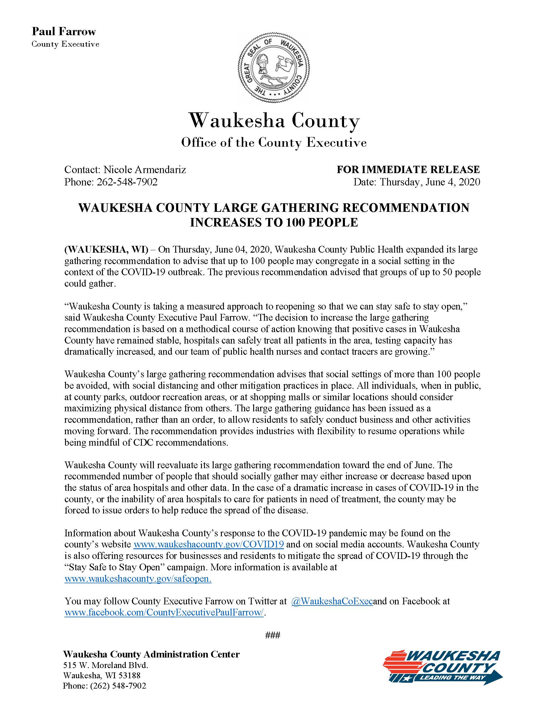 WAUKESHA COUNTY EXPANDS LARGE GATHERING RECOMMENDATION
