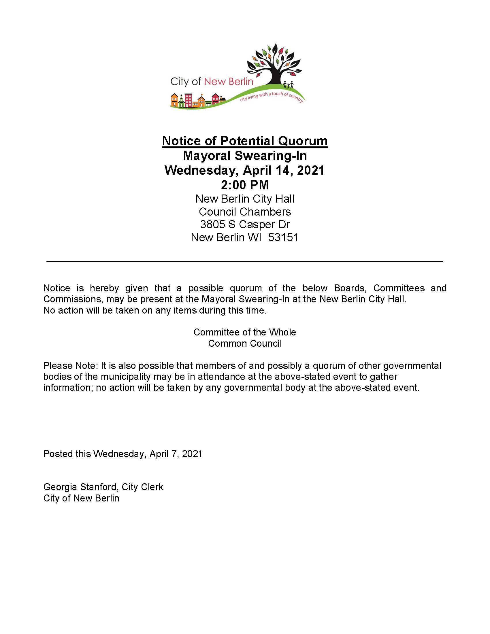 Potential Quorum Notice - Mayoral Swearing-In