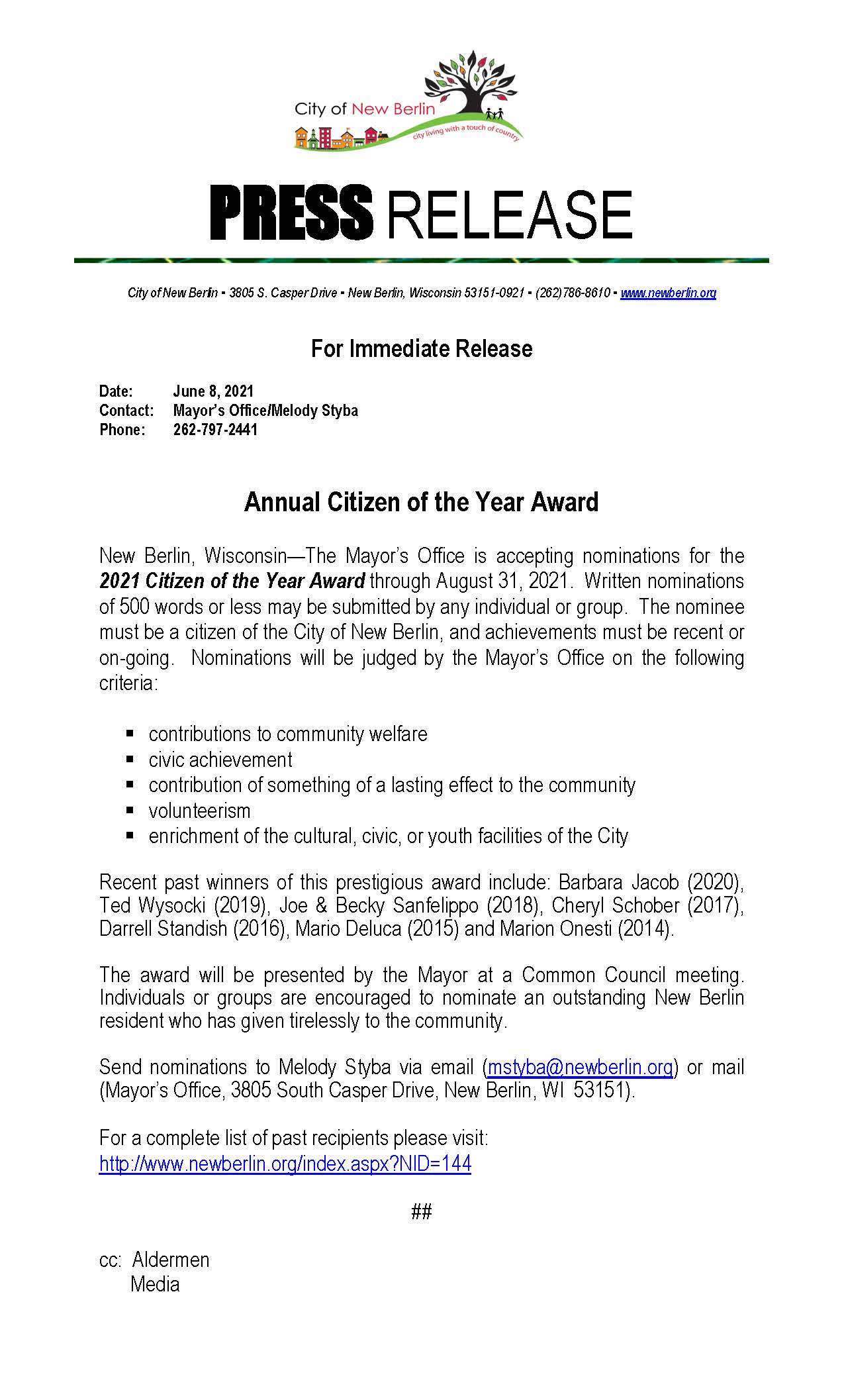 Press Release - seeking nominations