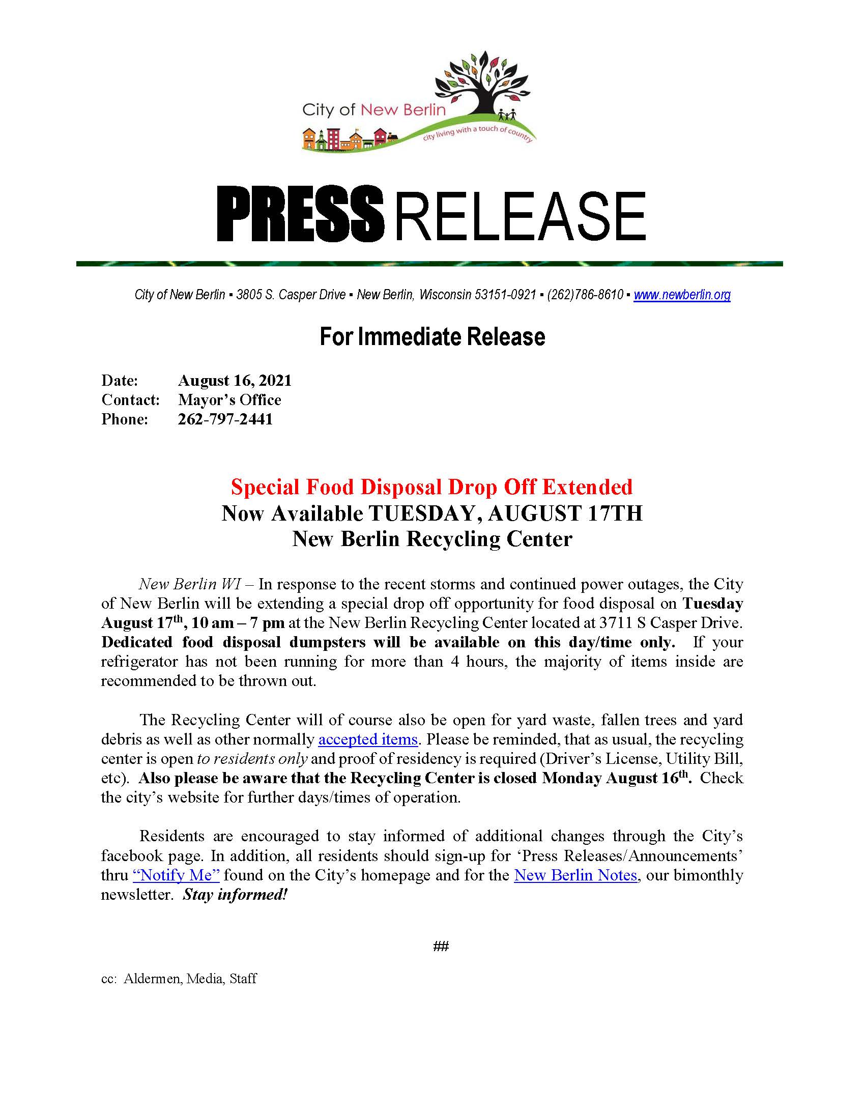 Press Release - Special Food Disposal 8.17