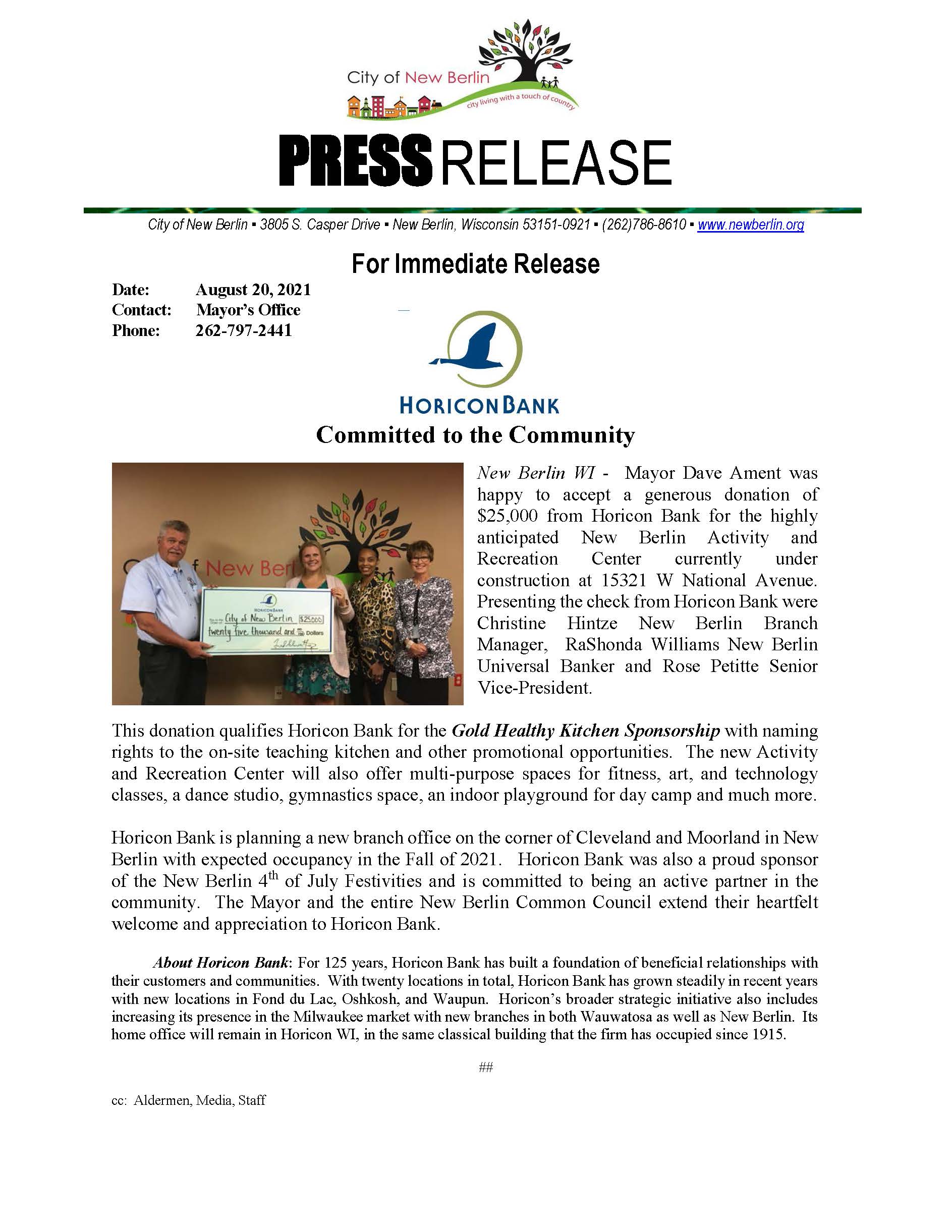Press Release - Horicon Bank Donation