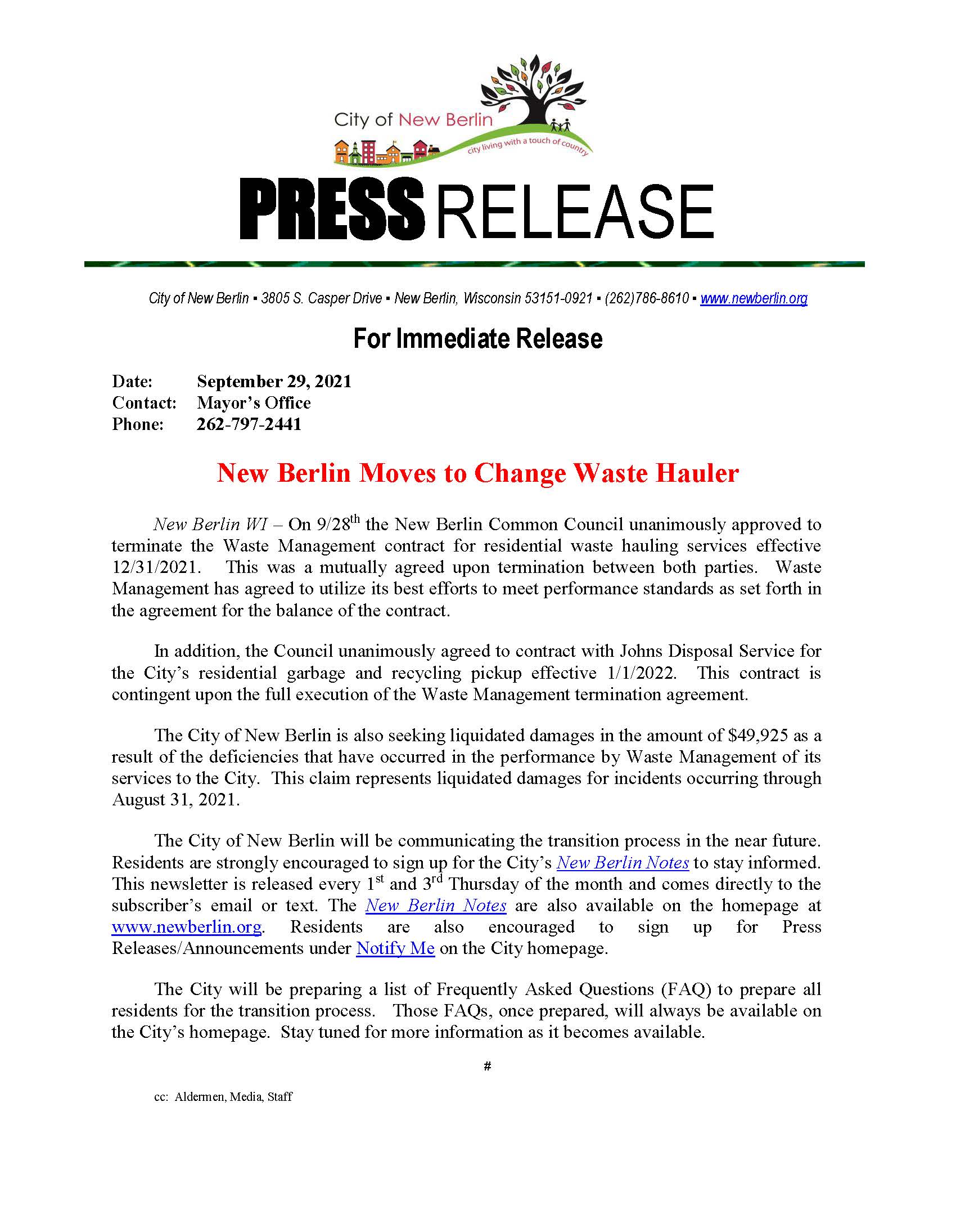 Press Release - NB Changes Waste Hauler