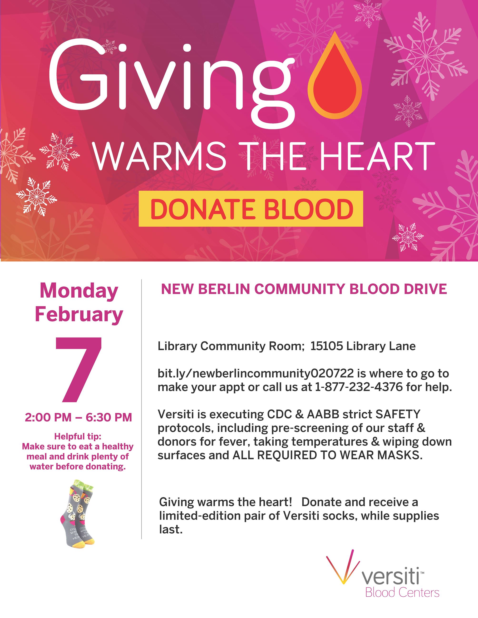 New Berlin Community 02-07-22 Blood Drive flyer with FUN SOCKS PROMO