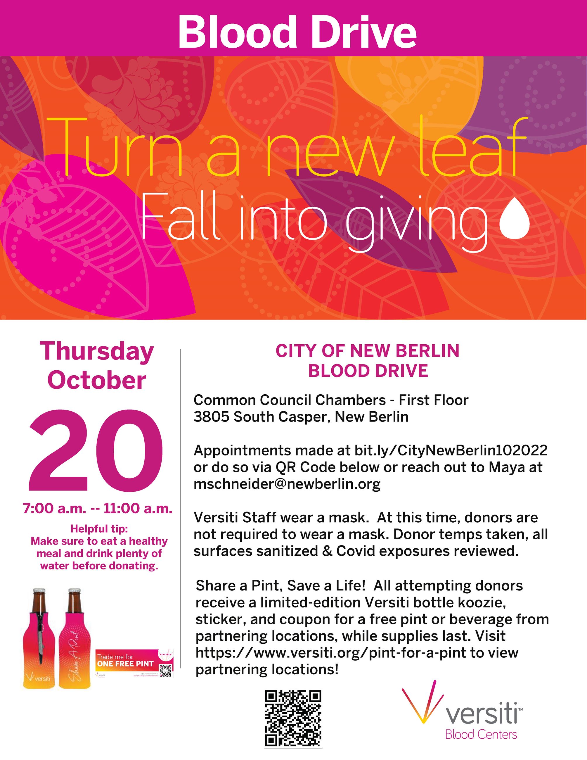 City of New Berlin October 2022 blood drive flyer
