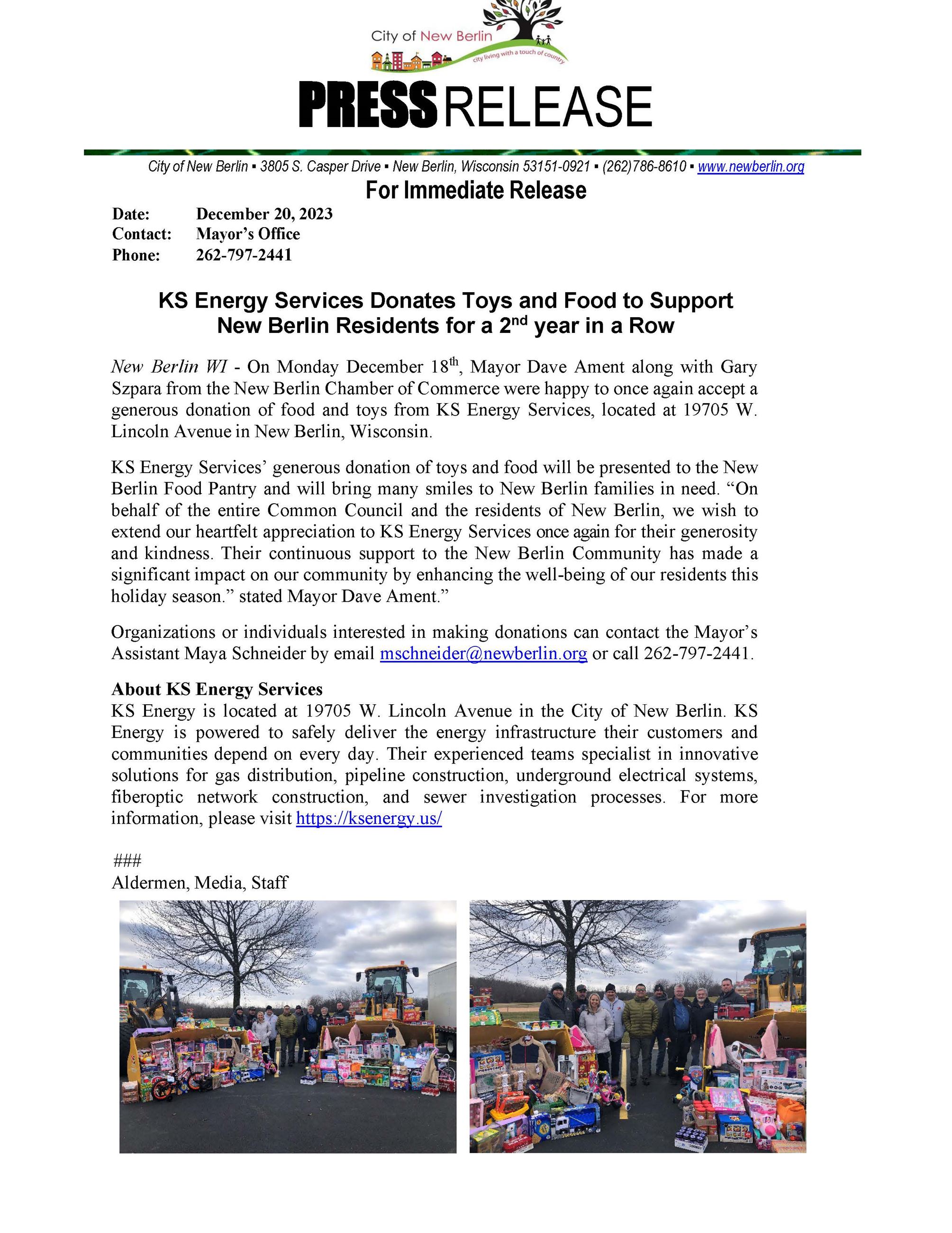 Press Release -KS Energy Services Christmas Donation to Food Pantry