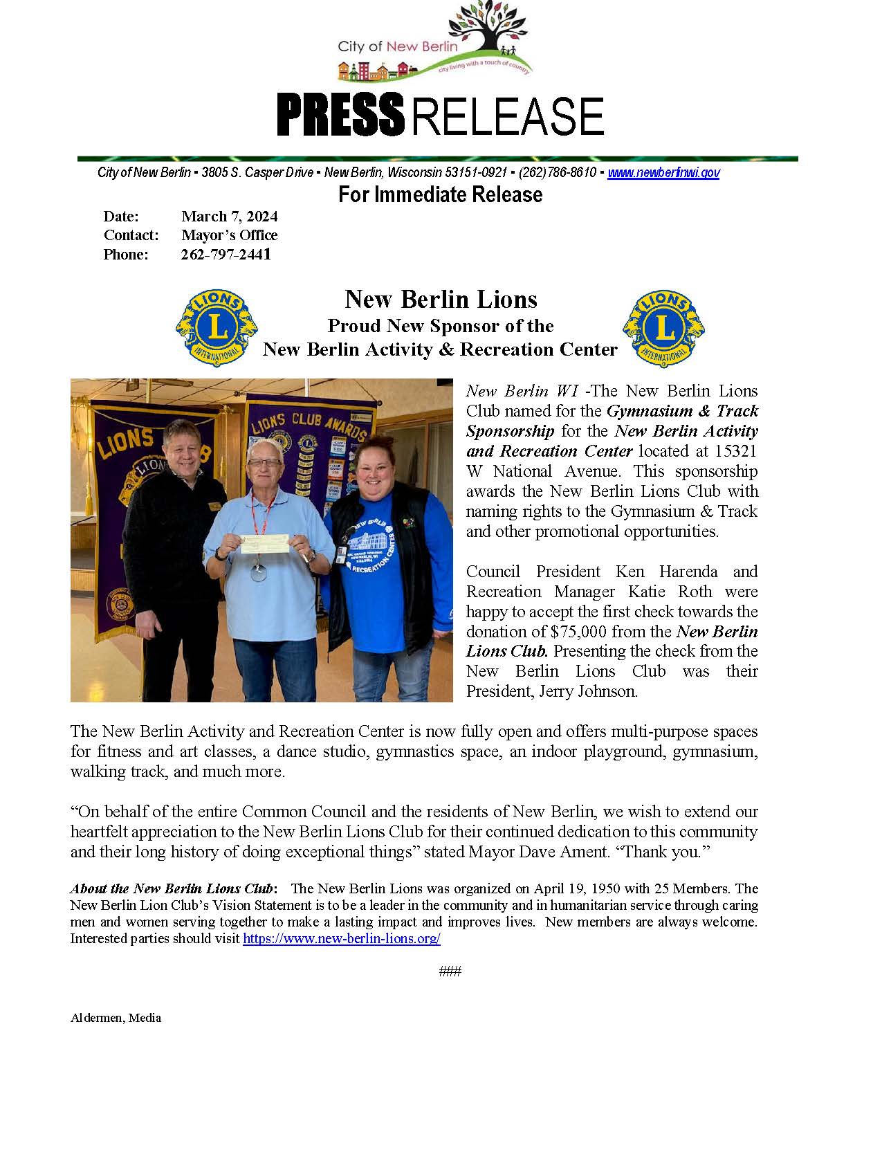Press Release - NB Lions Donation