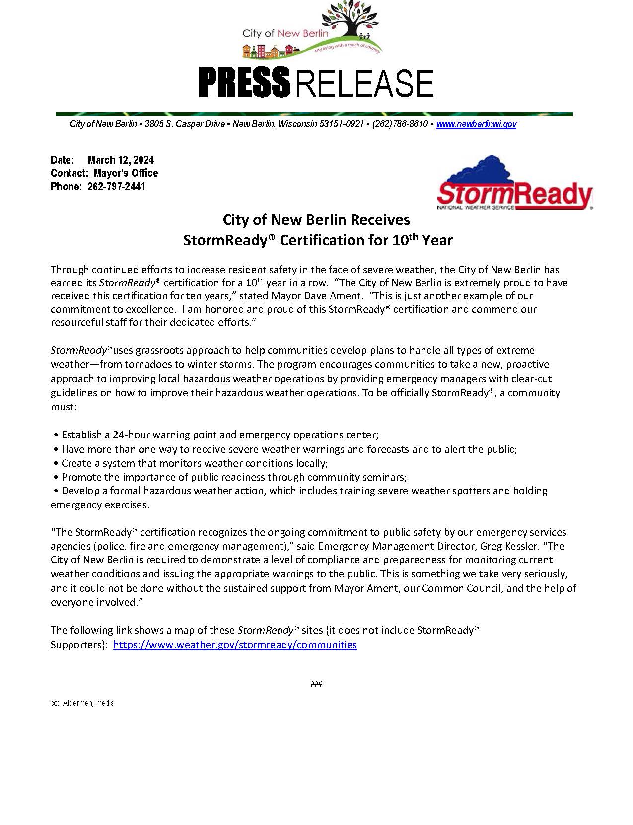 Press Release - StormReady 10th Year