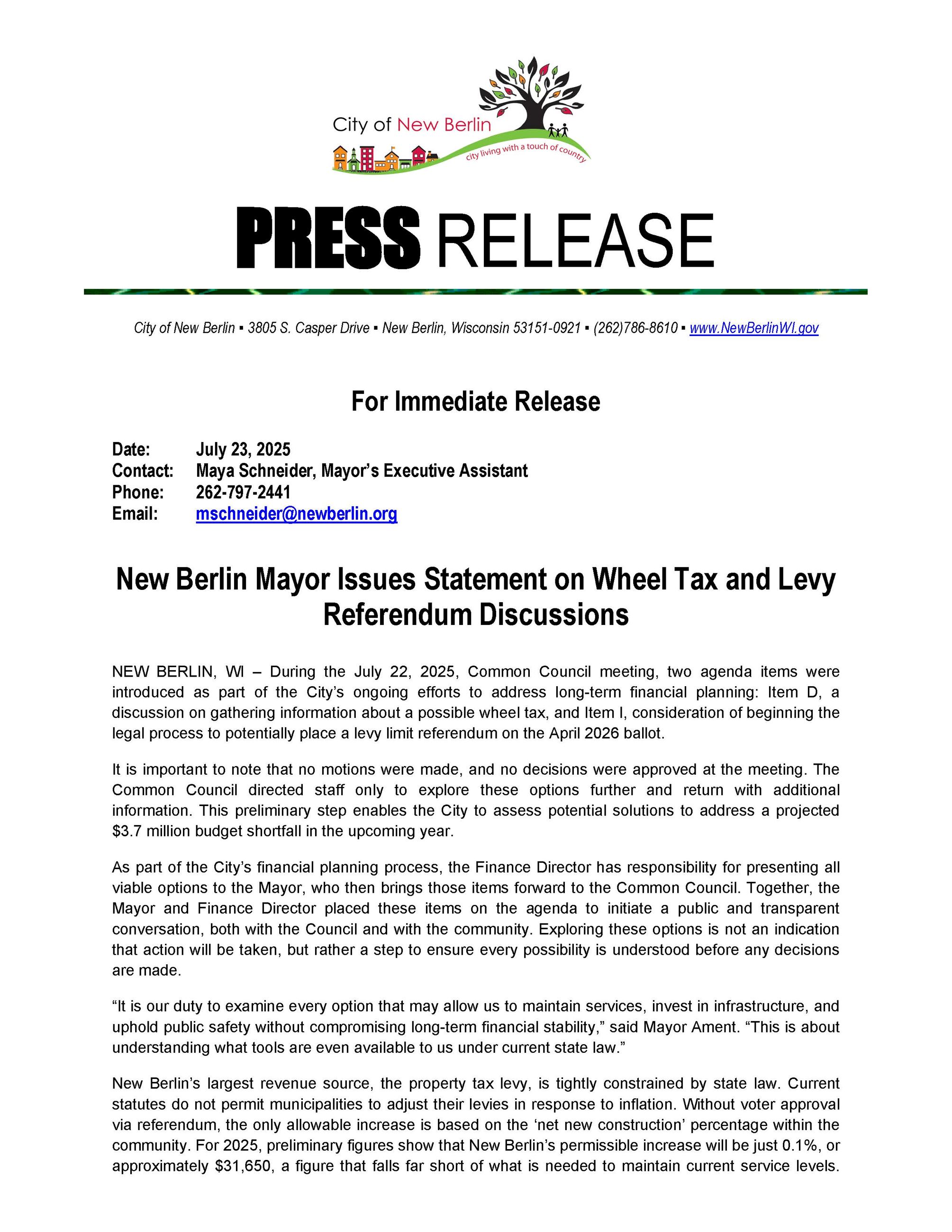 PRESS RELEASE_C of New Berlin_Mayor Issues Statement on Wheel Tax and Levy Referendum Discussions_7.