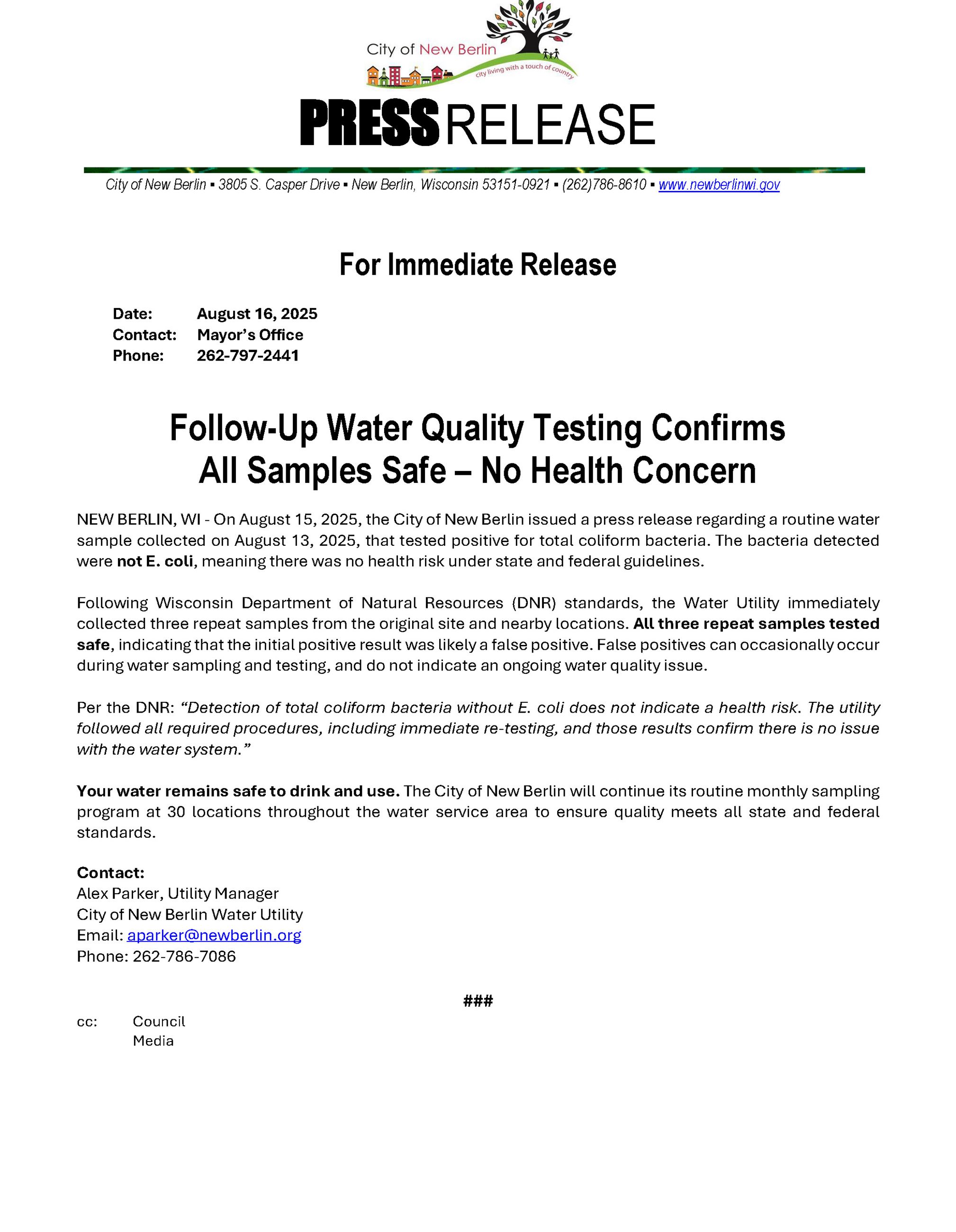 Follow-Up Water Quality Testing Confirms All Samples Safe_No Health Concern