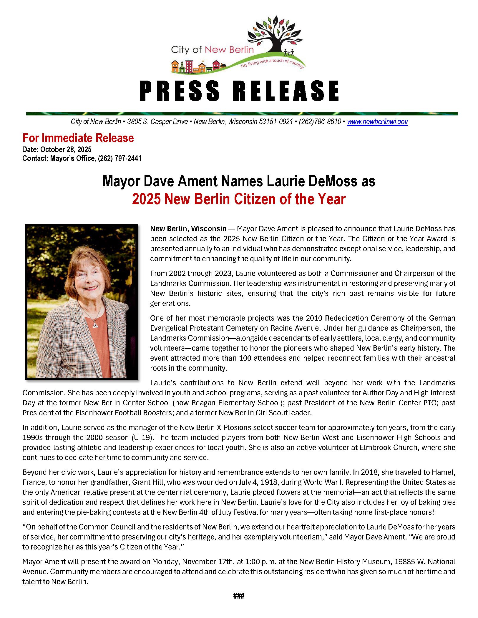 2025 NB Citizen of the Year - Press Release